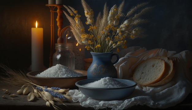 Colture di cereali semole di grano sul tavolo con farina e una pagnotta di pane