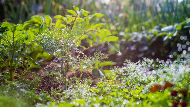 Colture piantate nel terreno con gocce di rugiada in estateTerreno coltivato vicino con germoglio Pianta agricola che cresce nella fila del letto Coltivazione alimentare naturale verde