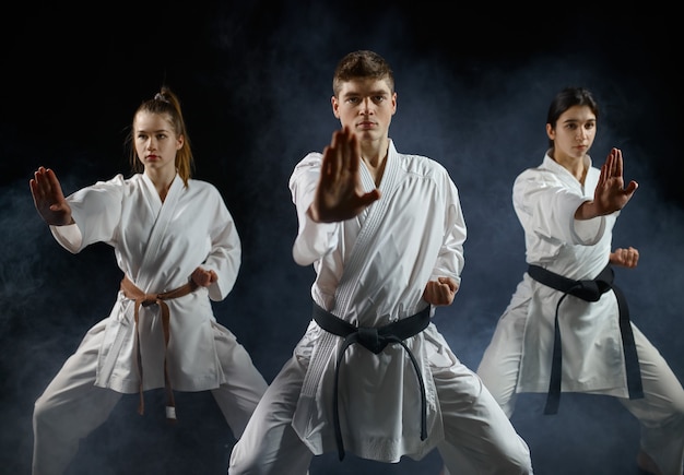 Combattenti di karate femminile, formazione con maestro in kimono bianco. Karateka in allenamento, arti marziali, competizione di combattimento