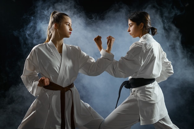 Combattenti di karate femminile, posizione di combattimento. Karateka in allenamento, arti marziali, donne che combattono la concorrenza