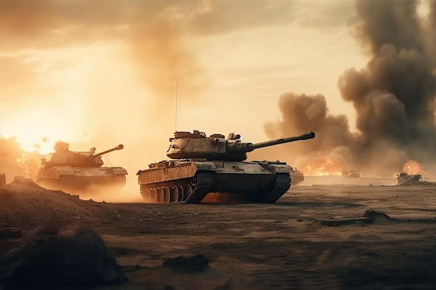 Combatti carri armati moderni in guerra sul campo di battaglia con esplosioni e fumo Illustrazione dell'IA generativa