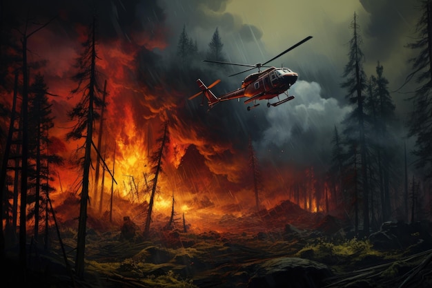 Combattimento aereo di incendi forestali con elicotteri Emergenza ecologica pericolosa