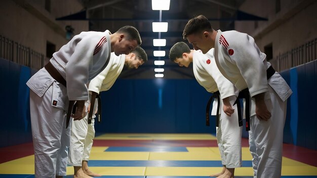 Combattitori di judo che si salutano in un inchino prima di praticare le arti marziali in un club di combattimento