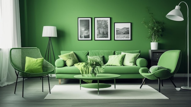 Combinazione di colori monocromatici parete interna verde AI generato