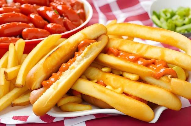 Combinazione sfrigolante di hot dog e patatine fritte