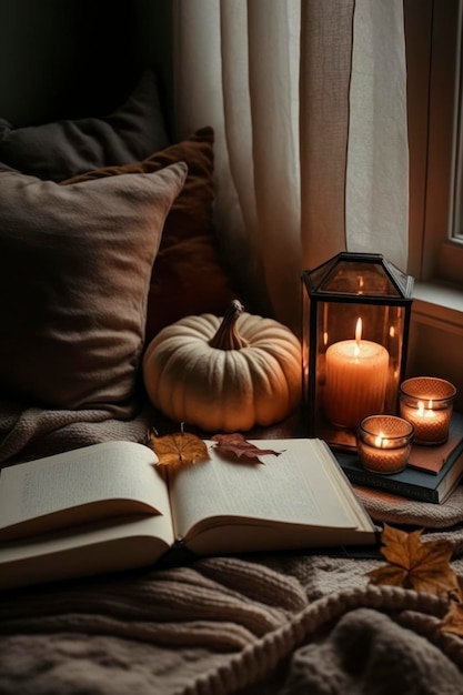 come leggere un romanzo sul divano con zucche e candele nello stile del beige e dell'ambra