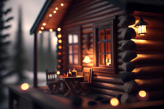Comfort domestico luci calde vicino a un'illustrazione di una casa in legno IA generativa