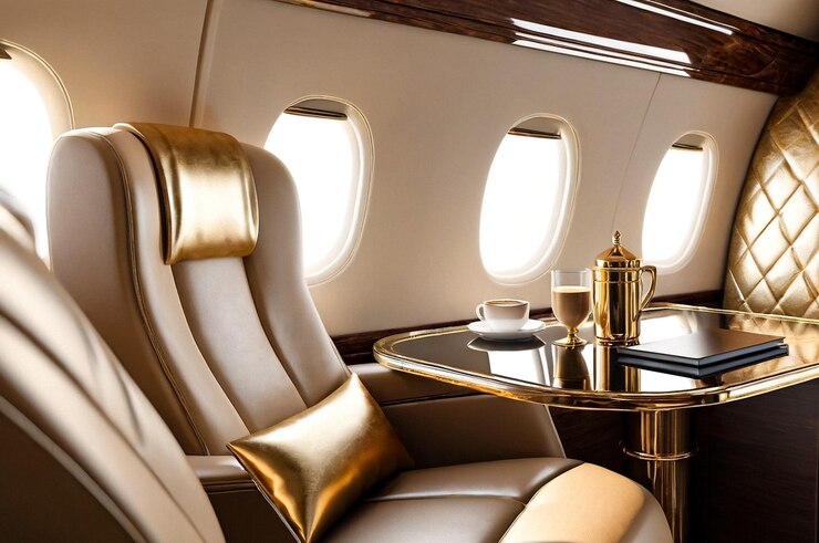 Comfortabile decorazione chic salone jet privato con laptop libro tazza da caffè sul tavolo lusso VIP business ai