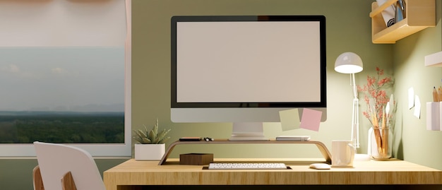 Comfortable home workspace with pc computer mockup on wood table green wall background with decor
