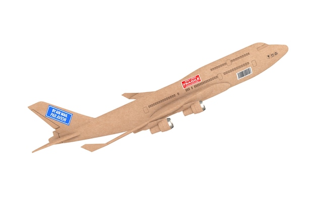 Commerciale industriale cargo consegna aereo a getto come scatola pacco di cartone su sfondo bianco. Rendering 3D