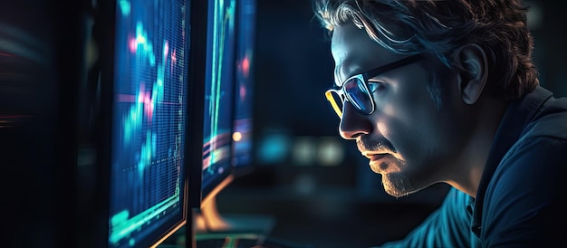 Commerciante concentrato con gli occhiali che guarda i grafici del mercato azionario sullo schermo del computer che lavora a tarda notte Uomo che analizza il mercato delle criptovalute Primo piano sull'occhio