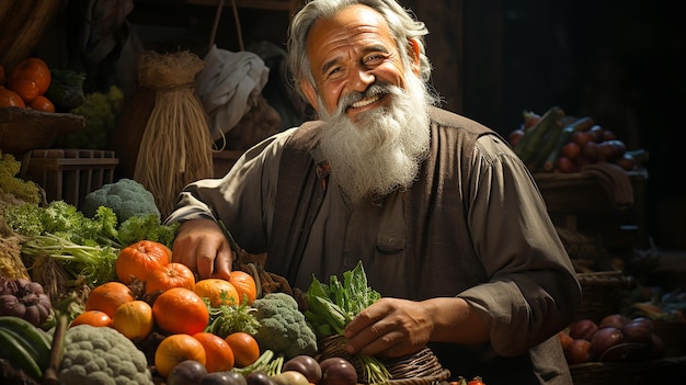 Commerciante sorridente felice che vende la sua frutta e verdura biologica al mercato Illustrazione dei prodotti agricoli generata dall'intelligenza artificiale