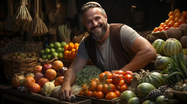Commerciante sorridente felice che vende la sua frutta e verdura biologica al mercato Illustrazione dei prodotti agricoli generata dall'intelligenza artificiale