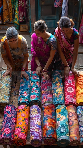 Commercianti di tessuti tradizionali in un mercato in India con un mercato tradizionale e culturale