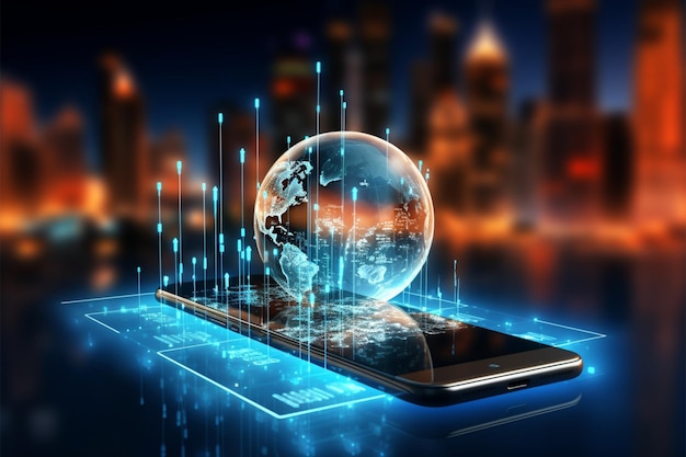 Commercio mobile futuristico, tecnologia smartphone e visualizzazione 3D della comunicazione digitale