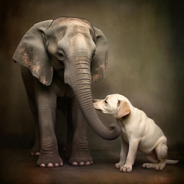 Commovente momento giocoso e felice simpatico cane amato con l'elefante AI generativa