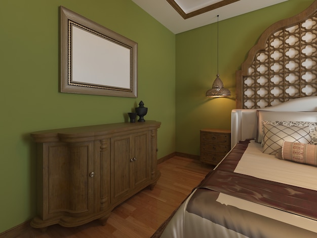 Comò in legno in stile camera da letto orientale. Rendering 3D