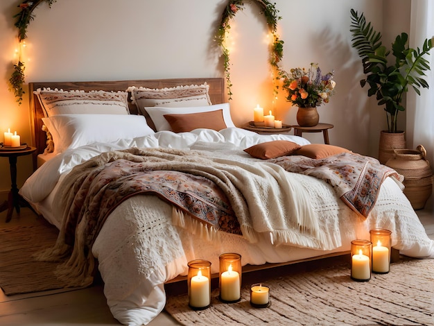 Comoda camera da letto boho con letto di legno con cuscini, quadri e candele.