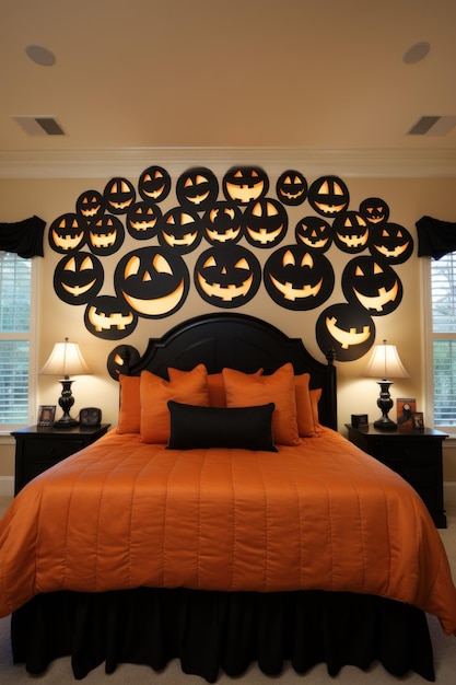 Comoda camera da letto in colori nero e arancione decorata per Halloween con adesivi di zucca luminosi sulla parete che danno l'impressione che i mostri amichevoli