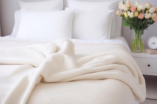Comoda coperta di lana crema su un grande letto doppio in una camera da letto luminosa