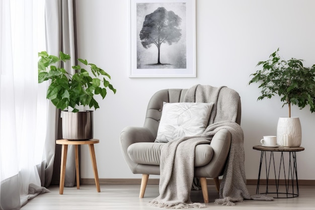 Comoda poltrona coperta pianta d'appartamento e foto Parete arredamento interno arredamento stile camera Genera Ai