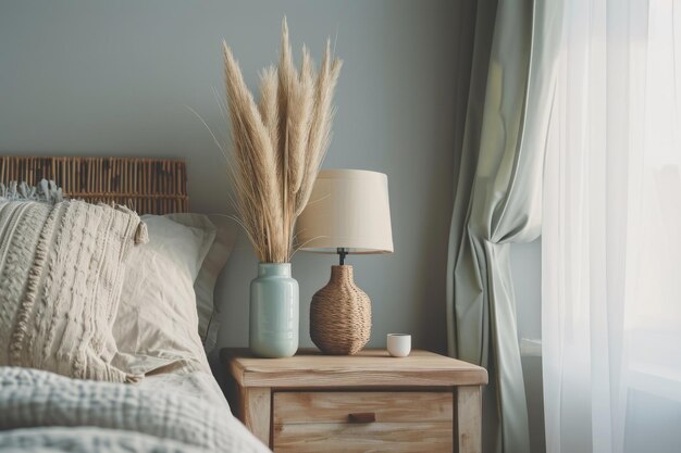 comodino interno della camera da letto con lampada e pianta domestica vicino al letto