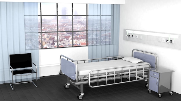 Comodino letto e sedia in camera d'ospedale con finestra