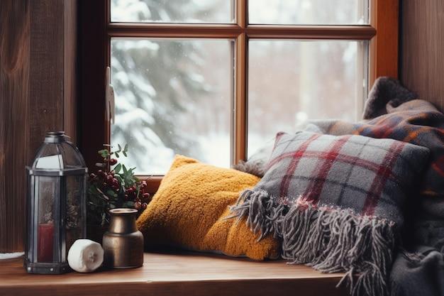 Comodo davanzale invernale con cuscini e plaid lavorato a maglia