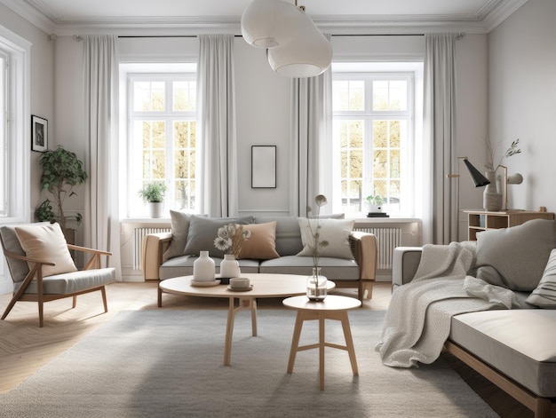 Comodo design scandinavo per interni con mobili e decorazioni AI generativa