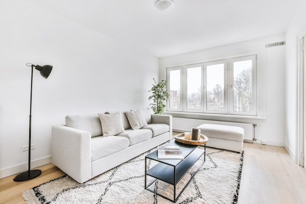 Comodo divano con cuscini situati su un tappeto vicino al tavolo in un luminoso soggiorno con finestra e porta in un appartamento moderno modern