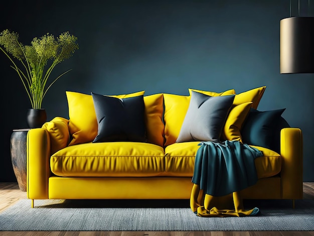 Comodo divano giallo e lampada