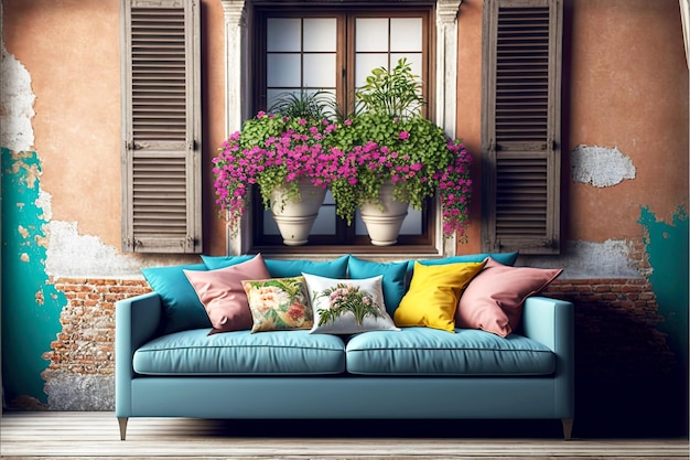 Comodo divano sul balcone con fiori in vaso sulla facciata