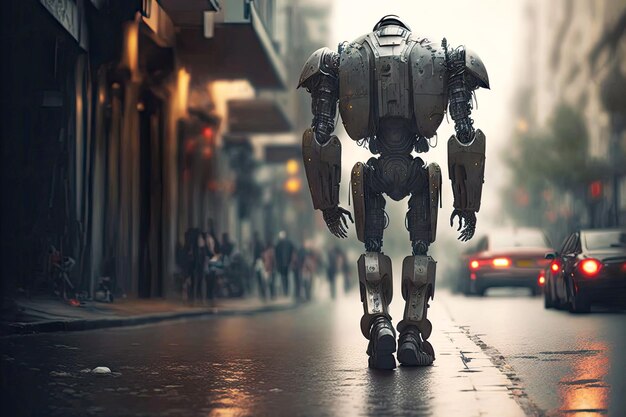 Comodo nel mondo umano ladro robot Android in piedi sulla strada generativa ai