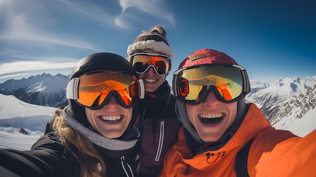 Compagni di sci si fermano in montagna per un selfie che cattura il loro cameratismo montano