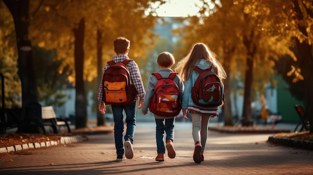 Compagni di scuola due ragazzi e una ragazza con gli zaini sulla schiena camminano dopo le lezioni