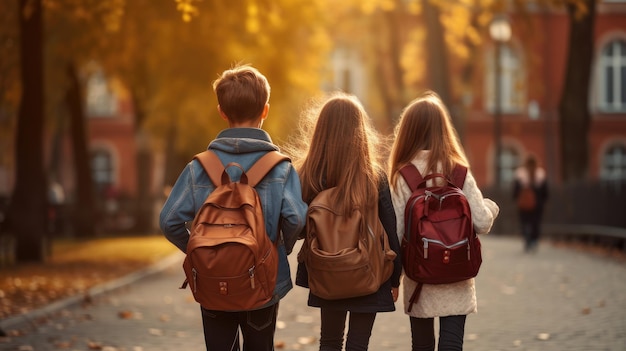 compagni di scuola un ragazzo e due ragazze con zaini scolastici sulle spalle camminano dopo le lezioni