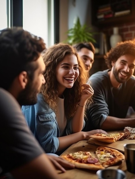 compagni di stanza felici che mangiano pizza a casa dopo il college concetto di amicizia con i giovani