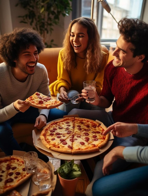 compagni di stanza felici che mangiano pizza a casa dopo il college concetto di amicizia con i giovani