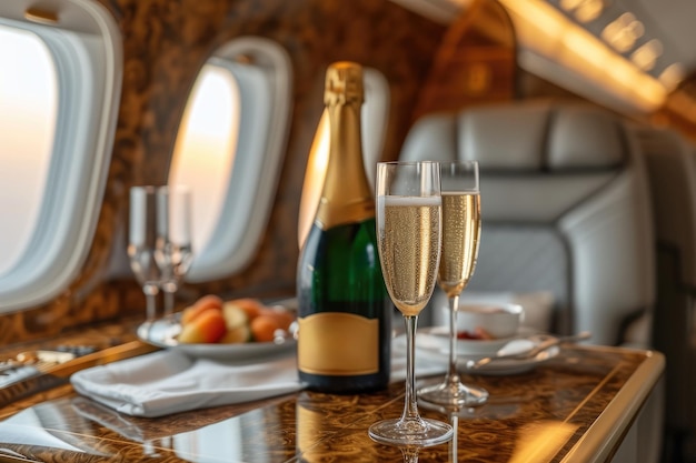 Compagnia aerea di lusso con un paio di occhiali e champagne AI generativa