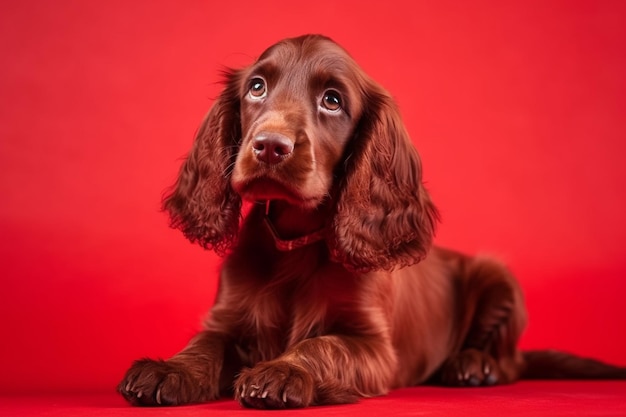 Compagno perfetto sulla strada inglese cocker spaniel giovane cane è in posa carino giocoso cagnolino braun o animale domestico è seduto pieno di attenzione isolato su sfondo rosso concetto di movimento azione movimento