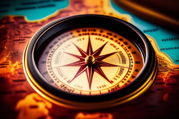 Compass su una mappa del mondo Concetto di viaggio Focalizzazione selettiva generata dall'AI