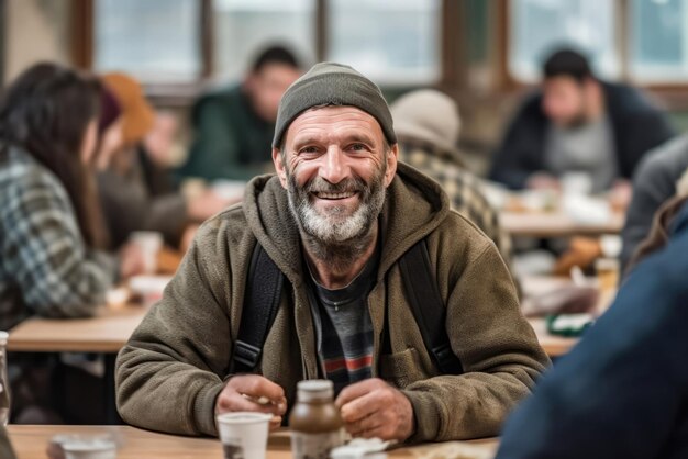 Compassione in ogni boccone senzatetto gioioso mangiare