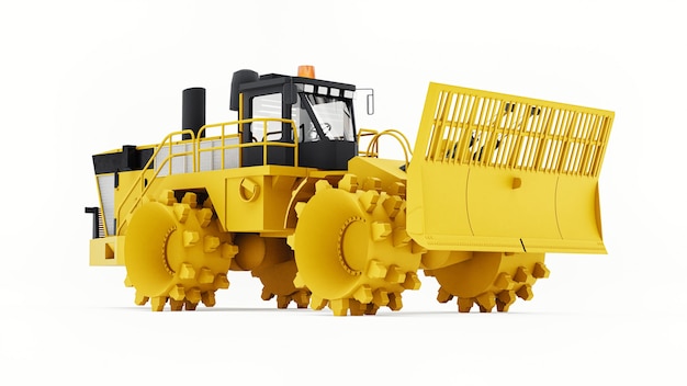 Compattatore di rifiuti per discariche. Un tipo speciale di bulldozer industriale per il lavoro nelle discariche. rendering 3D.