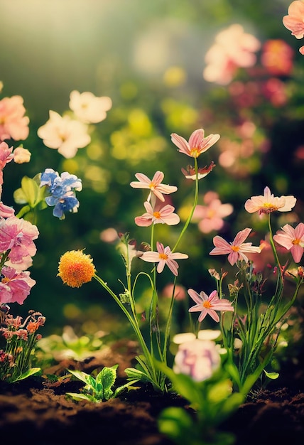 Compensazione di colori vivaci per fiori di carta da parati su sfondo verde chiaro