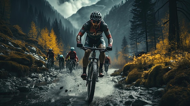 Competizione ciclistica atleti ciclisti che guidano una gara ad alta velocità su una strada di montagna Sportivi in bicicletta al mattino