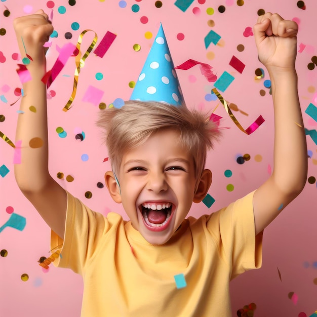 Compleanno bambino ragazzo felice con coriandoli su sfondo colorato ai generativo