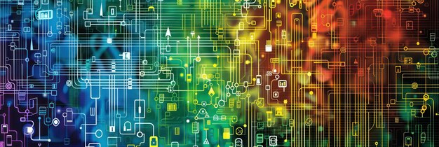 Complessa scheda di circuito digitale con nodi vibranti ed elementi tecnologici Sfondamento per i processi tecnologici presentazioni scientifiche ecc.