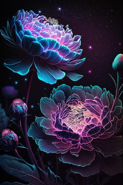 Complessi fiori di peonia con luci al neon luminose e sfondo stellato
