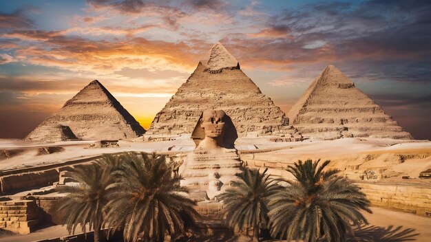 complesso delle piramidi di Giza in Egitto bellissima vista del tramonto