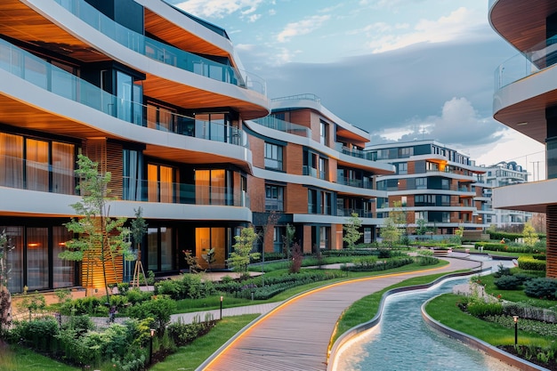 Complex residenziale europeo moderno bagnato dalla luce dorata del tramonto AI generativa